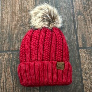 CC Red and Brown Knit Beanie with Pom-Pom